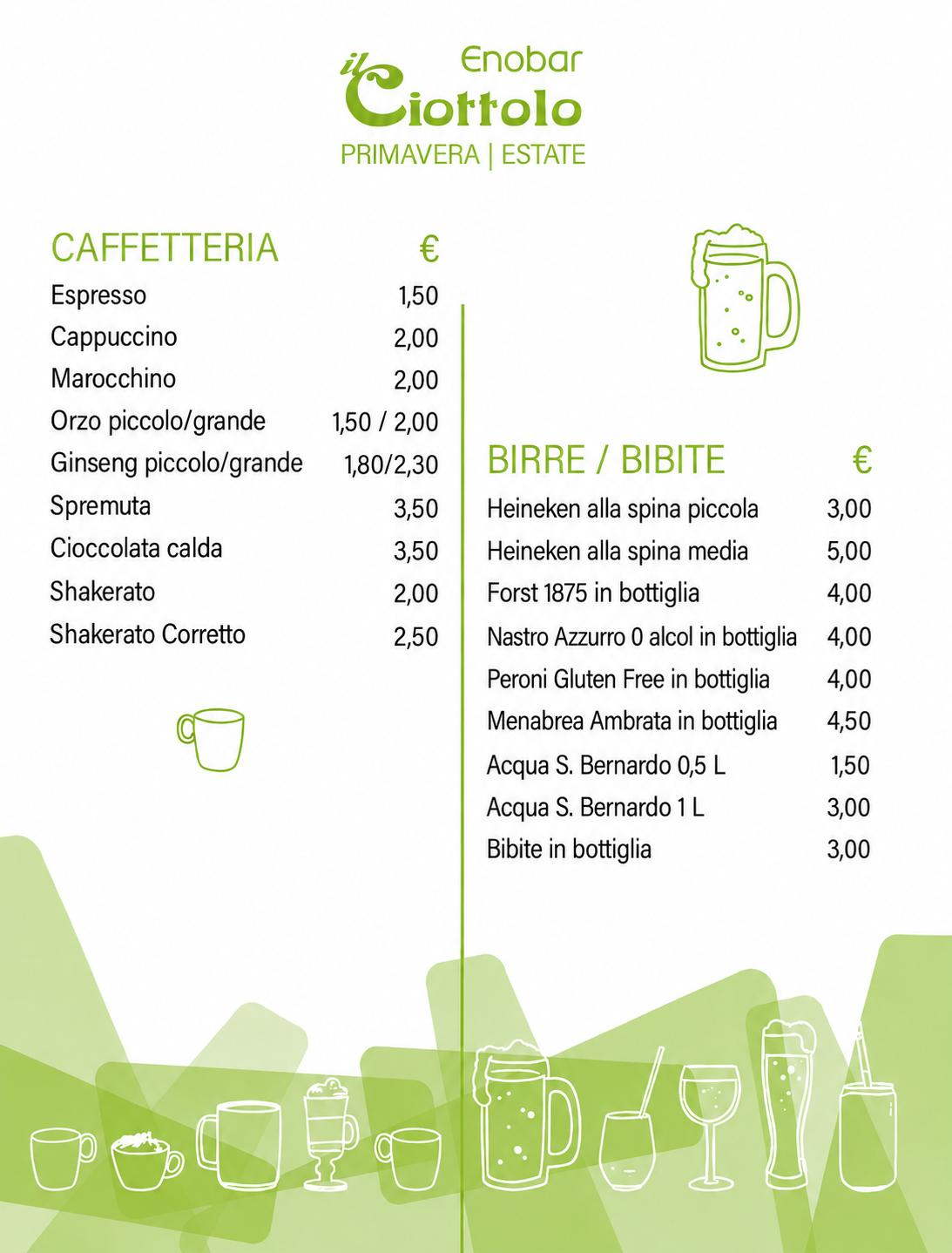 Menù caffetteria e bibite dell'Enobar il Ciottolo - Primavera/Estate